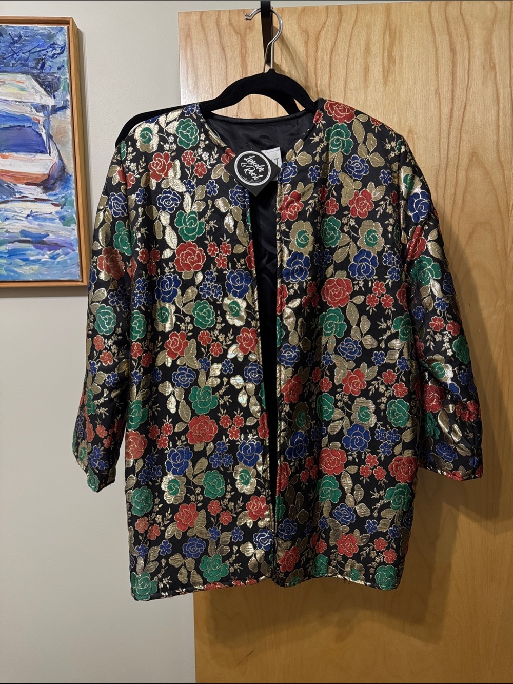 Vintage Floral Metallic Brocade Jacket - Black with Red, Green & Blue